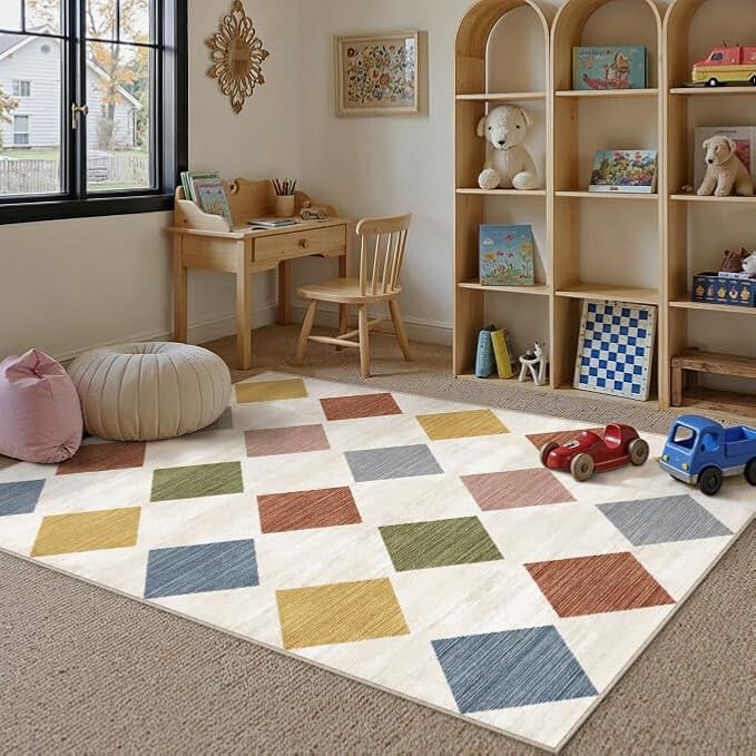 4x6 Washable Area Rug Kids Room Colorful Non Slip Checkered Carpet | Soft, Low Pile, Easy Clean, Diamond Pattern for Doormat, Nursery, Play Room, Entryway, Bedroom, Modern Indoor Decor