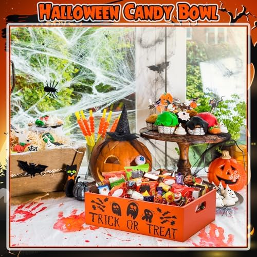 Leinuosen Halloween Candy Bowl Wooden 11.8 In Trick or Treat Orange - Image 4