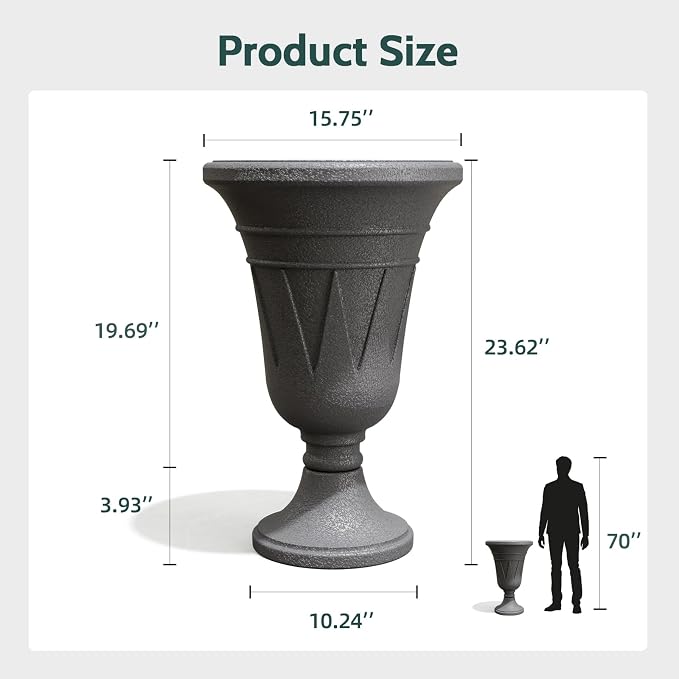 23.6" Tall Plastic Urn Planters for Outdoor Plants, Set of 2 Heavy-Duty Classic Indoor Large Flower Pots with Drainage Holes & Trophy Design, Outdoor Planters for Porch, Home Garden, Dark Grey