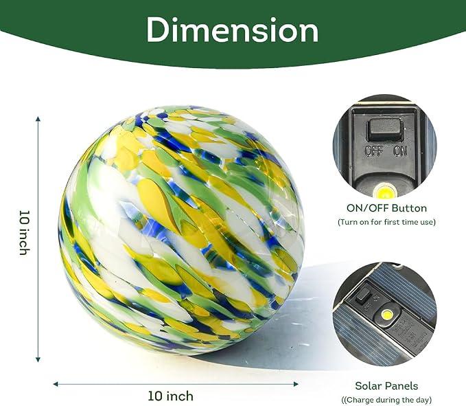 Lily's Home Gazing Ball - 10" Glass Globe with Solar Powered Lights - Outdoor Solar Lights for Yard & Patio - Garden Decor - Automatic On/Off Photosensitive Switch - Meadow Breeze