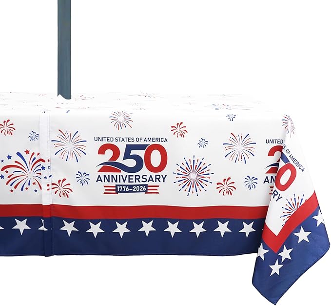 Outdoor Tablecloth with Umbrella Hole 4th of July Decorations Patriotic Decor Waterproof Polyester Rectangle for Picnic, BBQ, Party 60 x 120 in