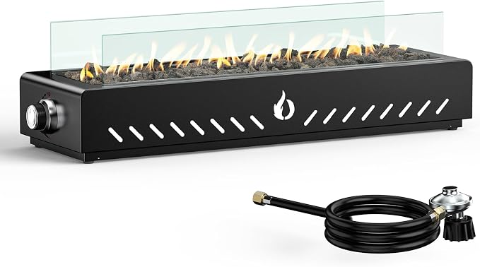 28" Tabletop Propane Gas Fire Pit Bottom-Mounted for Table with Umbrella Hole, Portable Smokeless Firepit with Glass Wind Guard for Outdoor Patio Backyard Porch Camping Tailgating RV, 40000BTU, FP044