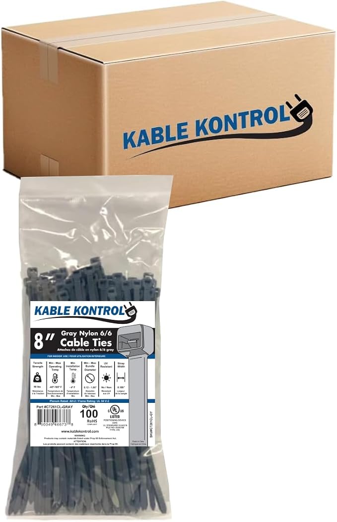 Kable Kontrol Gray Zip Ties 8 Inch 10,000 Pcs, 50 Lbs Tensile Strength, Bulk Pack, Self-locking Nylon Colored Cable Ties Wire Wraps for Indoor or Outdoor Use