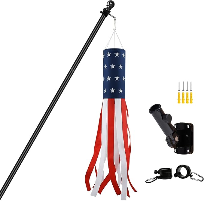 Windsocks Kit for Outside House, 4th of July Decorations US Flag 40 Inch Wind Socks with 6FT Stainless Steel Flagpole with Flag Holder and Rings(Black)
