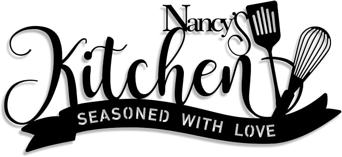 Personalized Kitchen Sign Custom Name Metal Wall Decor, Kitchen Wall Art with Seasoned With Love Quote, Family Name Kitchen Decoration, Rustic Farmhouse Home Decor, Housewarming Anniversary Wedding Gift for Couples