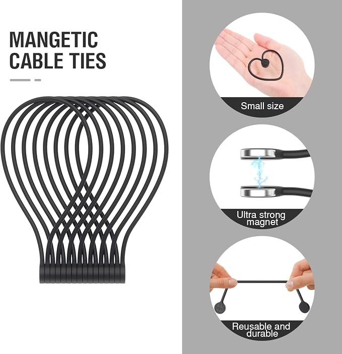 Magnetic Twist Ties, Reusable Silicone Cable Ties with Strong Magnet for Bundling and Organizing,Cord Wrap Clip Straps for Home or Office (Black-24 Packs)