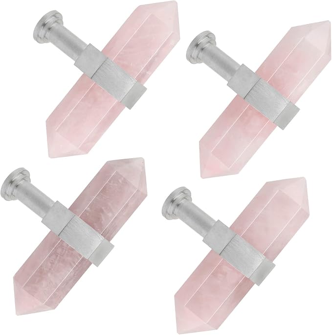 mookaitedecor Set of 2 Rose Quartz Double Crystal Points Drawer Knobs with Screws, Decorative Stone Cabinet Handle Pulls for Dresser Cupboard Kitchen Decor, Brushed Stainless Steel