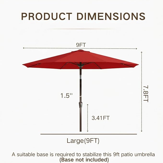 Kingdura 9FT Outdoor Patio Umbrella with Solar Lights, Market Table Umbrella with Push Button Tilt & Crank, 8 Sturdy Ribs, 32 LED Lights, UV Protection for Garden Lawn Deck Backyard Pool (Red)