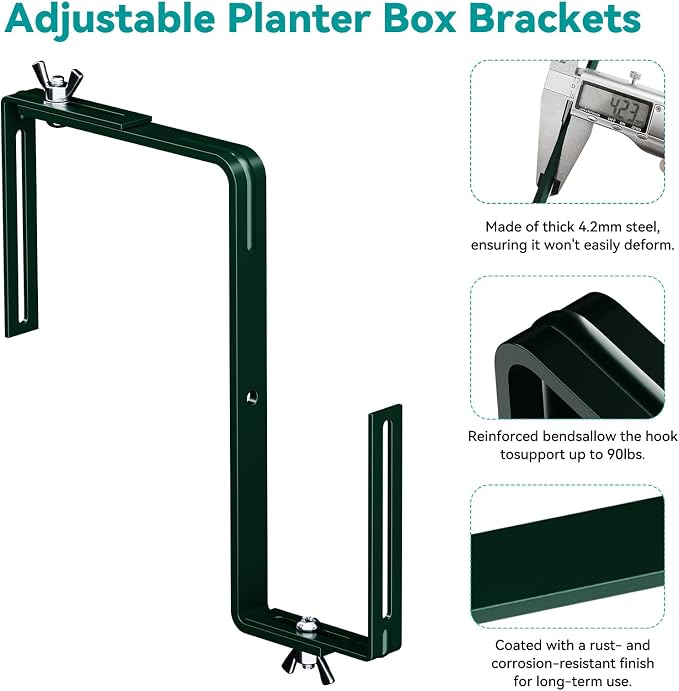 Adjustable Planter Box Brackets,Enhanced Bottom Support,Universal Outdoor Hanging Brackets,Flower Box Brackets for Fence Railings, Windowsill, Patio, Garden,Balcony. (6, Green)