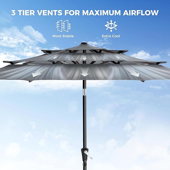 HOMSHADE 9FT 3-Tiers Outdoor Patio Umbrella with 5-Year Fade Resistant,Vented Outdoor Commercial Market Umbrella with UPF50+ UV Protection & Push Button Tilt and Crank for Pool,Backyard(Grey)