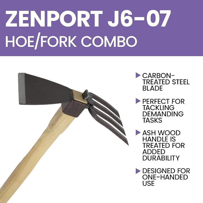 Zenport J607 Hoe/Fork Combo, 3.25-Inch Carbon Steel Blade Head and 4-Prong Fork, 1 Count (Pack of 1), Natural