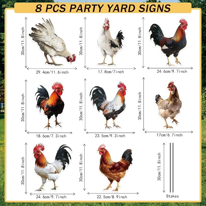SUPERDANT 8Pcs Roosters Yard Sign with 16 Stakes Realistic Rooster Party Lawn Decorations Animal Theme Party Waterproof Sign Yard Outdoor Lawn Decorative Sign for Garden Lawn Decoration