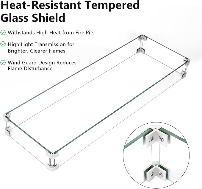 GRISUN Upgraded 36" x 12" Drop-in Fire Pit Burner Kit, Gas Fire Pit Kit with Glass Wind Guard & Lid, Linear Fire Pit Pan Insert with Spark Ignition for Fire Pit Tables