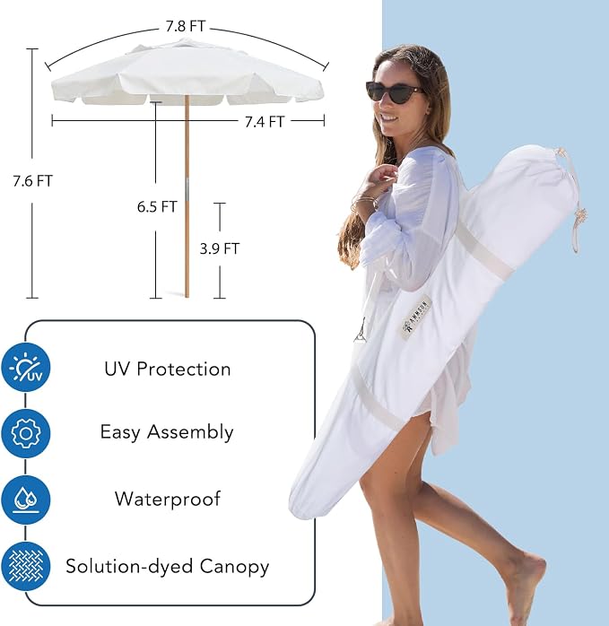 AMMSUN 7.8ft Outdoor Patio Umbrella, Boho Beach & Market Umbrella with UPF 50+ Water-Resistant Canvas, Ash Wood Pole, Air Vent and Carry Bag for Patios, Gardens, Decks and Poolside (Arctic White)