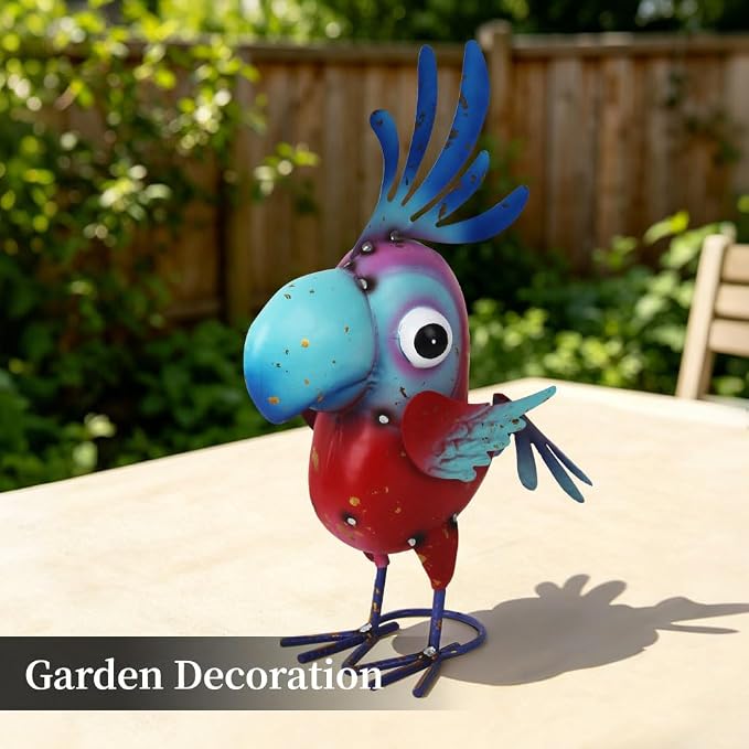 Metal Parrot Statue Outdoor Garden Decor,15" Bird Decor Yard Statue Decorations Outdoor,Funny Parrot Sculpture for Patio, Lawn, Backyard(Pink and Blue)