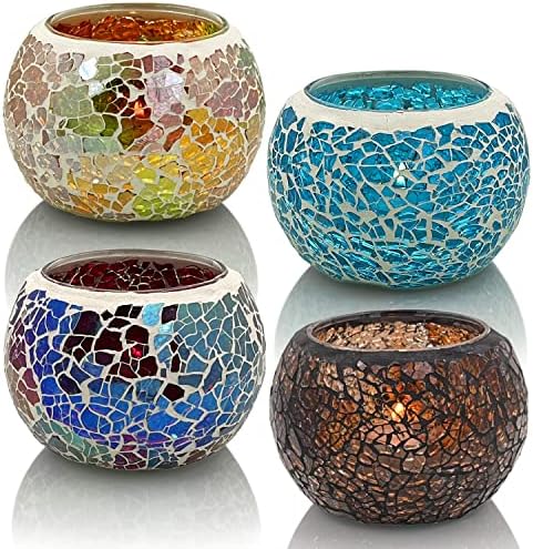 SHMILMH Mosaic Glass Candle Holder Set of 4, Votive Candle Holders Handmade Cracked Tealight Holders for Fall Christmas Diwali Home Decorations, Diwali Gift - Image 2