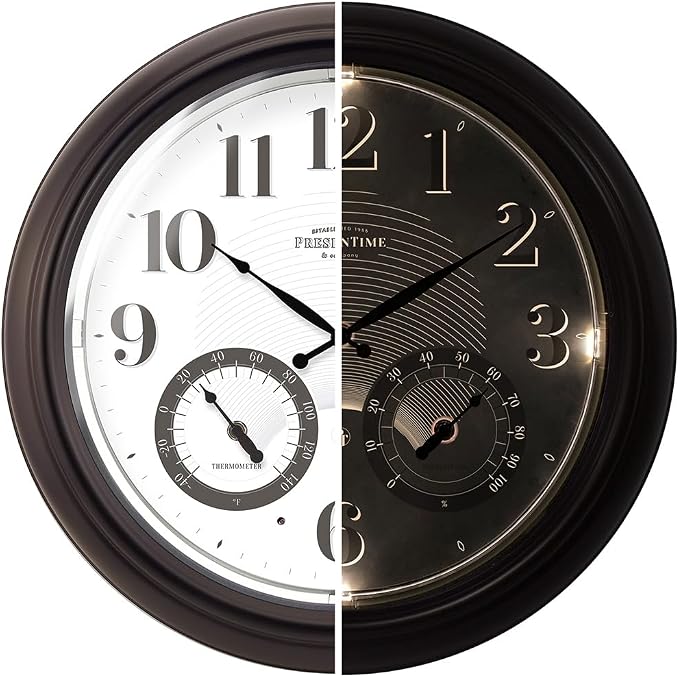 Presentime & Co 18" Illuminated in/Outdoor Clock with Smart Sensor and Night Light, Waterproof, Large Wall Clock with Thermometer & Hygrometer, for Garden and Patio - Oil Rubbed Bronze