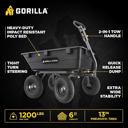 Gorilla Carts Heavy-Duty Poly Yard Dump Cart, 6 Cu Ft Tub, 1200 lb Haul Capacity, Black – Towable Utility Wagon with Quick-Release Dumping & Pneumatic Tires for Landscaping and Gardening