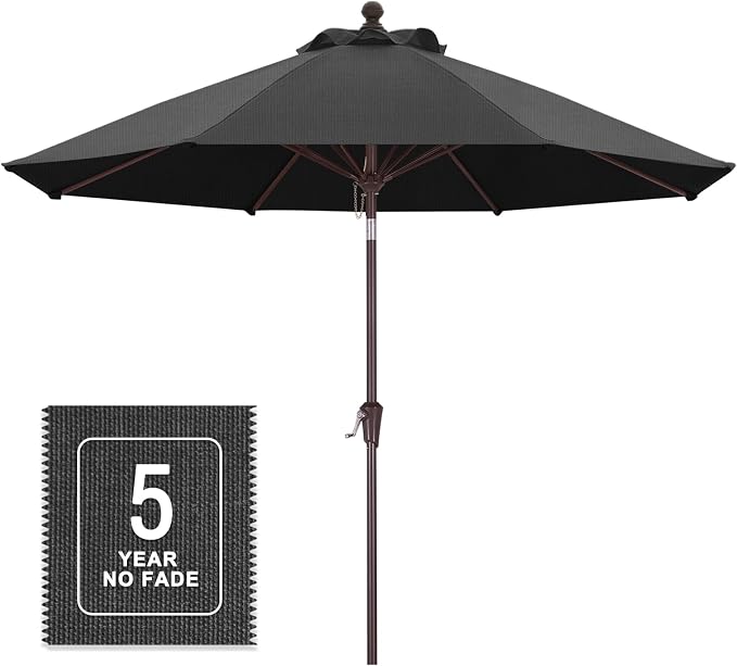MASTERCANOPY Olefin 5-Year-Non-Fading 9ft Patio Umbrella with Tilt and Crank, Large UV Resistant Outdoor Table Umbrella with 8 Fiberglass Ribs for Deck, Yard & Market, Dark Grey