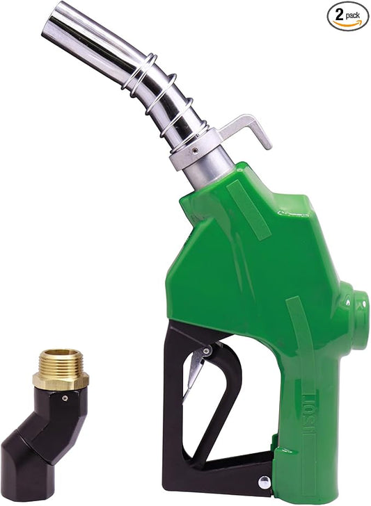 1" Inch NPT Fuel Nozzle Automatic Shut-Off Green Gas Pump Heavy Duty Nozzle with Fuel Hose Swivel & Hook 19/16 Inches Spout (OD=30mm) Three Notch Hold Open Clip Used For Diesel Petrol