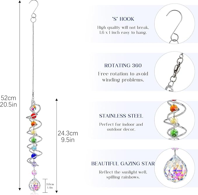 5 Pack Crystal Suncatcher Gazing Ball Spiral Wind Spinner Garden Decor | Crystal Sun Catcher Wind Spinner with Spiral Tail Gazing Ball Hanging for Indoor Outdoor Garden Patio Yard Home Decor