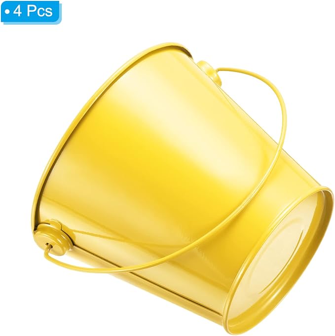 PATIKIL 4.7 Inch Colored Metal Buckets, 4 Pack Pencil Holder Buckets Round Metal Planter Pails Container with Handles for Classroom Crafts, Yellow
