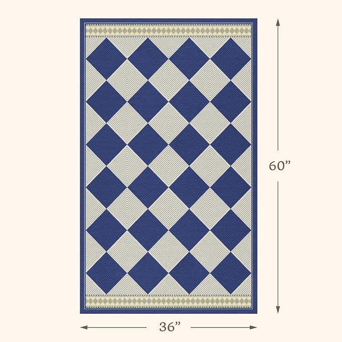 Checkered Easy Jute 3x5 Navy Blue Indoor Outdoor Rugs for Entryway, Washable Non Slip Diamond Boho Coastal Rug for Porch, Modern Minimalist Front Door Mat, Kitchen, Bathroom and Balcony Carpet