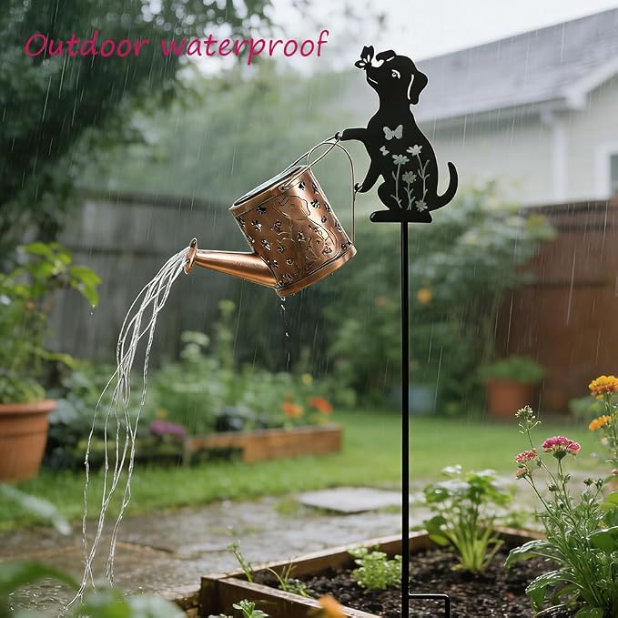 Outdoor Dog Statue Solar Watering Can with Lights, Complete with Netal Dog Silhouette Garden Stake. Ldeal for Garden, Lawn and Courtyard Decoration, A Unique Gift for Mothers and Women.