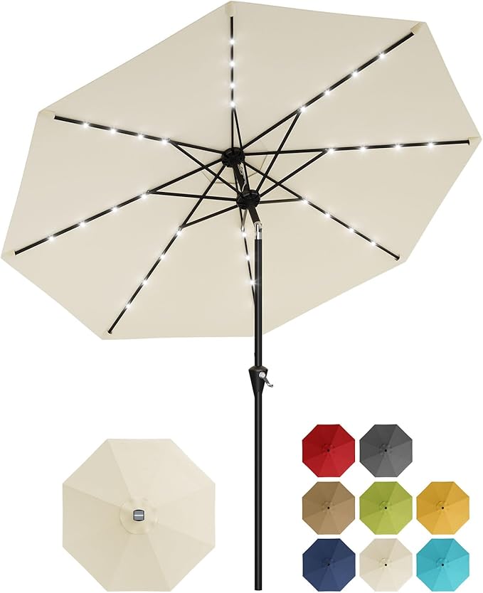 GarveeLife Patio Umbrella with Solar Lights, Outdoor Table Umbrella with 8 Durable Ribs, Tilt & Crank Mechanism, Water & UV Protection Sun Shade Umbrella for Garden, Poolside, Backyard (Beige, 9 FT)