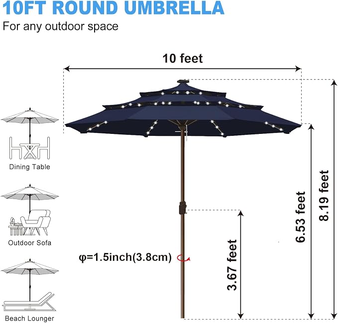 Eurmax USA 10-Year-Non-Fading 10FT 3-Tier Outdoor Patio Market Umbrella with LED Lights,UPF50+ UV Resistant,Commercial Grade,Crank Lift Design,Windproof Vented Top for Garden,Pool,Deck,Navy Blue