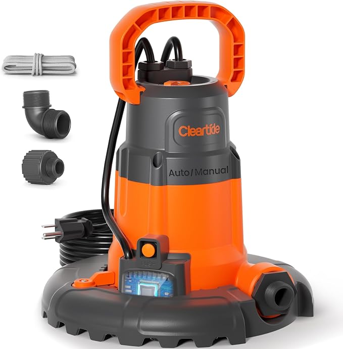 Cleartide Smart Automatic Water Pool Cover Pump, Submersible Pump Removes Water from Inground/Above Ground Winter Swimming Pools, 1/4 HP 2160 GPH, Auto On/Off & Freeze Protection, 25ft Cord, 120V AC