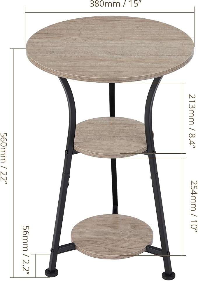 Dulcii 3-Tier Round Side Table with Storage, Industrial End Table for Living Room, Rustic Wood & Metal Bedside Nightstand, Accent Plant Stand for Bedroom Corners & Small Spaces