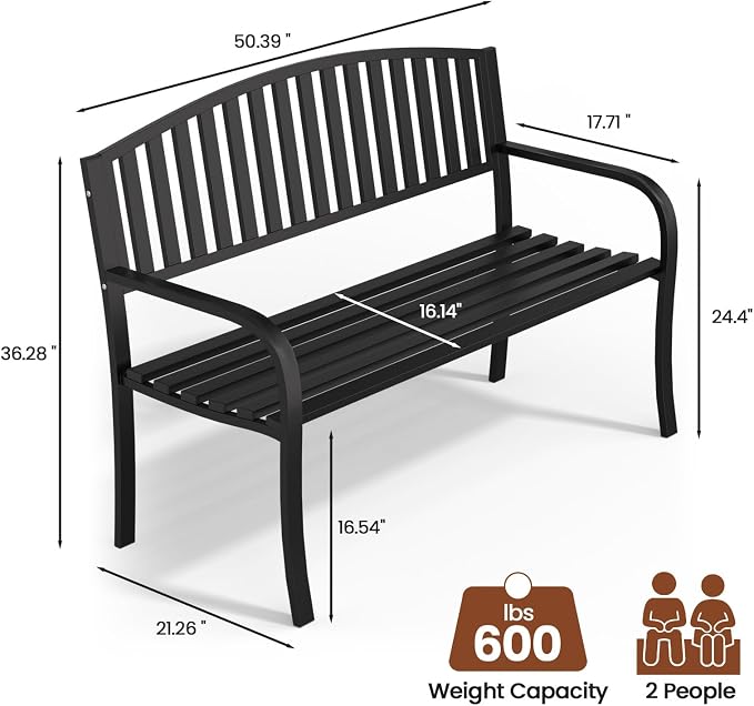 Garden Bench, 50" Outdoor Bench, 660LBS Wrought Iron Porch Bench, Patio Bench with Armrests for Garden Lawn or Yard, Black