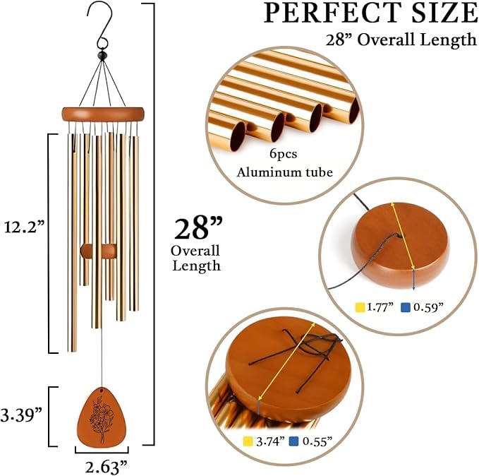 Mom Wind Chime - Long Distance, Mothers Day Wind Chime for Mom Birthday Gifts from Daughter, Son - I Love You Mom Gifts - Home, Patio, Garden Decor - Wooden Large Wind Chimes for Outside 28 Inches