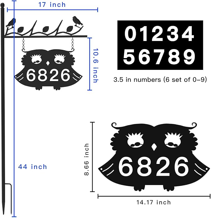 Metal Address Sign for Houses, House Numbers for Outside, Double-Sided Reflective Home Address Sign For Yard, Mailbox Decor Numbers, Address Plaques for High Visibility with 44in Pole