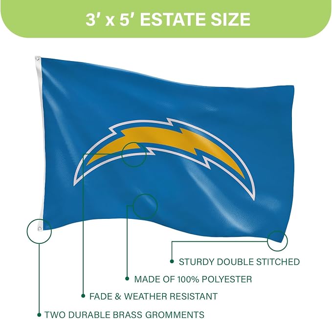 Team Sports America NFL Los Angeles Chargers 3 x 5 Outdoor Durable House Flag with Grommets | Sport Team Flag & Banner | Indoor Wall Decor Flag for Room | Works with Flag Poles for Outside House
