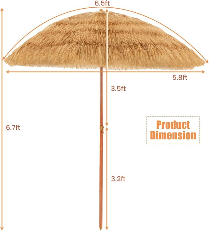 Giantex Thatched Tiki Umbrella, Hawaiian Style Patio Grass Umbrella with 8 Ribs & Tilt Adjustment, Outdoor Portable Beach Sunshade for Yard, Garden & Poolside