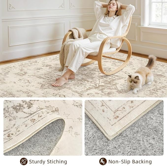 Washable Area Rugs 2x3: Living Room Bedroom Carpet Beige/Ivory | Vintage Boho Indoor Decor Soft Small Entryway Throw Neutral Kitchen Bathroom Laundry Floor Non-Slip Low Pile Entrance Rug