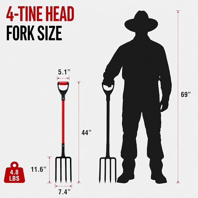 Garden Fork, 44-Inch One-Piece 4-Tine Digging Fork with Fiberglass Handle | Forged steel 4-tine fork for compost turning, soil loosening, mulch spreading, and raised bed gardening