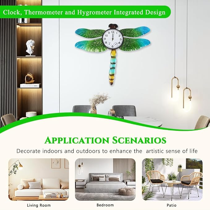 Unique Outdoor Clock Silent None-Ticking, Outdoor Wall Clock with Thermometer & Humidity, Waterproof Outside Clock for Patio, Living Room, Kitchen (Green Dragonfly)