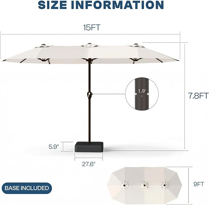 15FT Large Patio Umbrella with Base Included, Double Sided Outdoor Market Umbrella with Flexible Fiberglass Ribs, UV-Blocking Extra Large Umbrella for Garden, Pool, Deck, Creamy White