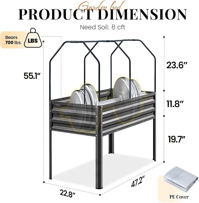 KING BIRD Large Raised Garden Bed with Cover Galvanized Elevated Planter Box with Legs 48×24×56 in for Backyard, Patio, Balcony, 700lb Capacity, Dark Grey