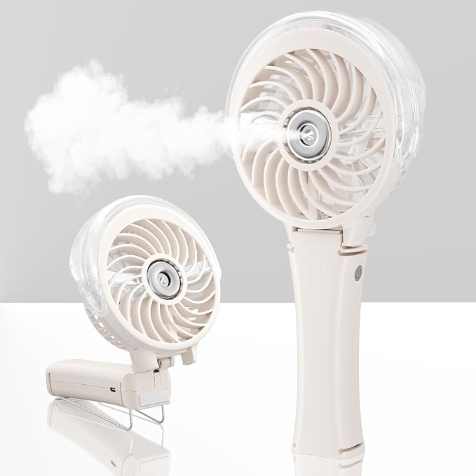 HandFan Upgraded Portable Handheld Misting Fan, Personal Mister Fan Rechargeable, Spray Water Mist Fans, Foldable Mini Cooling Hand Fans for Summer, Beach, Travel, Outdoors, Makeup, Disney(Beige)