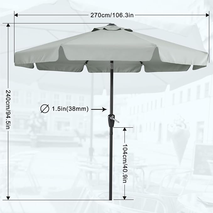 MASTERCANOPY 9ft Patio Umbrella with Valance, Crank and Tilt – 8 Ribs Outdoor Market Umbrella, UV/Fade Resistant, Waterproof Canopy with Wind Vent for Garden, Deck, Backyard, Pool (Light Gray)
