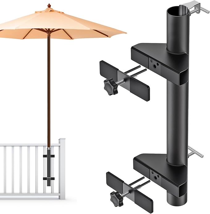 Heavy Duty Deck Railing Umbrella Holder, Adjustable Patio Umbrella Stand for 1-2 Inch Poles, Secure & Sturdy Railing Mount with Locking Pin, Maximizes Deck Space