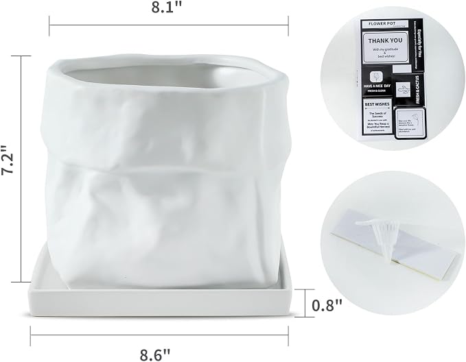 Nihow Ceramic Plant Pot: 8 Inch Planter with Drainage Hole & Square Saucer for Herbs/Plants, Bag Shape Design Flower Pot for Indoor & Outdoor Garden Decor - White | Bag Shape Design,Indoor & Outdoor,Living room/Office/Bedroom/Windowsill/Tabletop,Plant ...