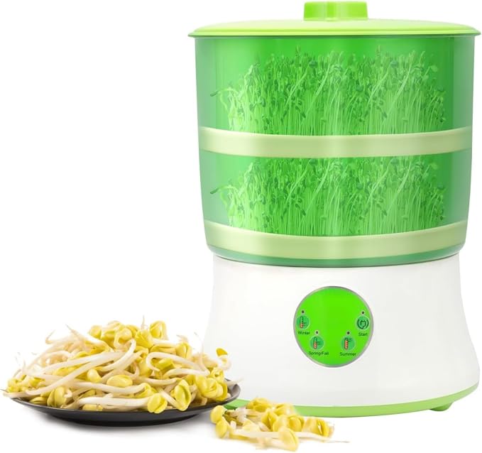 110V Bean Sprouts Machine, Intelligent Automatic Bean Sprouts Maker | 2 Layers Large Capacity Seed Grow Cereal Tool, 3 seasonal temp modes and 360° auto spray for Radish Wheatgrass Broccoli