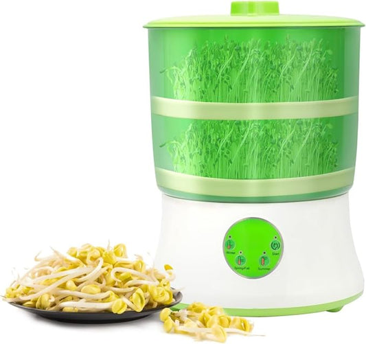 110V Bean Sprouts Machine, Intelligent Automatic Bean Sprouts Maker | 2 Layers Large Capacity Seed Grow Cereal Tool, 3 seasonal temp modes and 360° auto spray for Radish Wheatgrass Broccoli