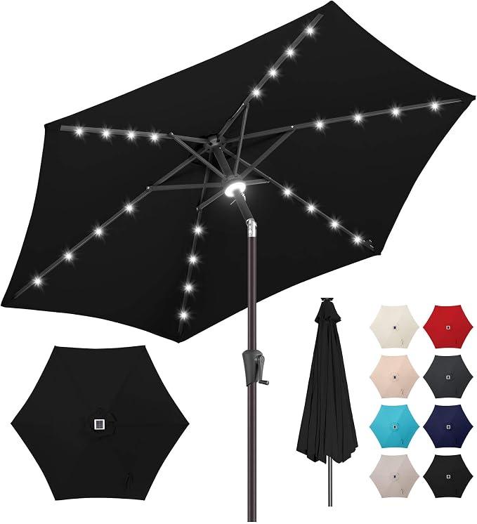 7.5FT Solar Umbrella Outdoor - Lighted Solar Patio Umbrella with 24 LED Lights Waterproof UV Protection, Table Umbrella with Tilt for Pool, Porch, Garden, Deck, Backyard (Black)