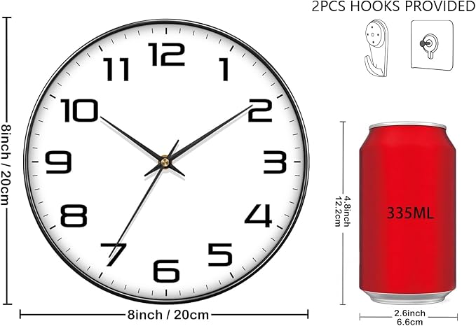8 Inch Modern Wall Clocks Battery Operated - Silent Non Ticking Quartz Analog Clock with Large Numbers, Easy to Read Digital Wall Clock for Bedroom, Living Room, Kitchen, Office, Gym, Black